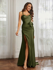 Sweetheart Neckline Spaghetti Straps Dress WIth Belt Olive Green Plus Size