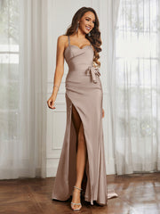 Sweetheart Neckline Spaghetti Straps Dress WIth Belt Taupe Plus Size