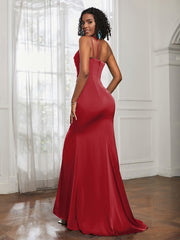One Shoulder Backless Pleated Dress With Slit Burgundy