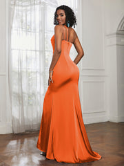 One Shoulder Backless Pleated Dress With Slit Burnt Orange