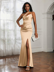 One Shoulder Backless Pleated Dress With Slit Champagne
