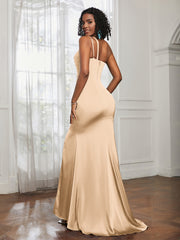 One Shoulder Backless Pleated Dress With Slit Champagne