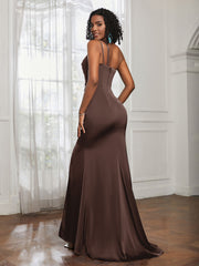 One Shoulder Backless Pleated Dress With Slit Chocolate