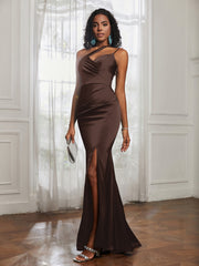 One Shoulder Backless Pleated Dress With Slit Chocolate Plus Size