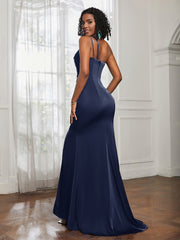 One Shoulder Backless Pleated Dress With Slit Dark Navy