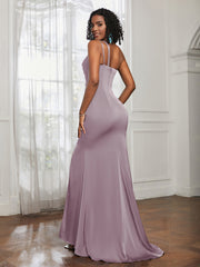 One Shoulder Backless Pleated Dress With Slit Dusk