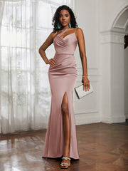 One Shoulder Backless Pleated Dress With Slit Dusty Rose