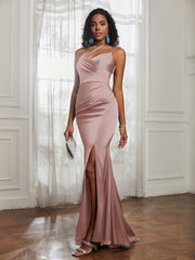 One Shoulder Backless Pleated Dress With Slit Dusty Rose