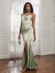 One Shoulder Backless Pleated Dress With Slit Dusty Sage Plus Size