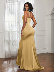 One Shoulder Backless Pleated Dress With Slit Gold