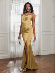 One Shoulder Backless Pleated Dress With Slit Gold