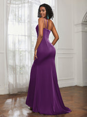 One Shoulder Backless Pleated Dress With Slit Grape