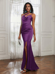 One Shoulder Backless Pleated Dress With Slit Grape