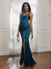 One Shoulder Backless Pleated Dress With Slit Ink Blue