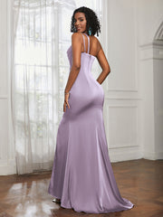 One Shoulder Backless Pleated Dress With Slit Lilac