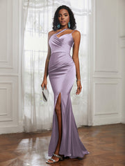One Shoulder Backless Pleated Dress With Slit Lilac