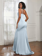 One Shoulder Backless Pleated Dress With Slit Mist