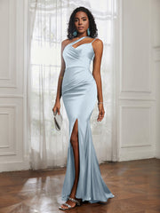One Shoulder Backless Pleated Dress With Slit Mist