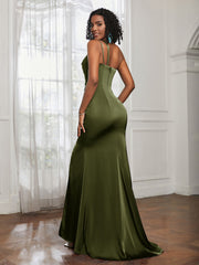 One Shoulder Backless Pleated Dress With Slit Olive Green