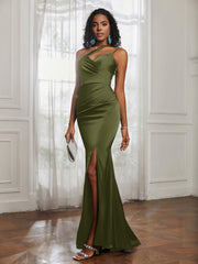 One Shoulder Backless Pleated Dress With Slit Olive Green