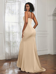 One Shoulder Backless Pleated Dress With Slit Peach