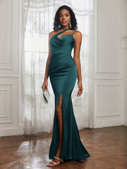 One Shoulder Backless Pleated Dress With Slit Peacock Plus Size