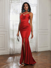 One Shoulder Backless Pleated Dress With Slit Red