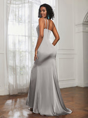 One Shoulder Backless Pleated Dress With Slit Silver