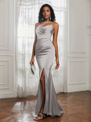 One Shoulder Backless Pleated Dress With Slit Silver