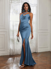 One Shoulder Backless Pleated Dress With Slit Slate Blue