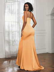 One Shoulder Backless Pleated Dress With Slit Tangerine