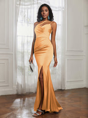 One Shoulder Backless Pleated Dress With Slit Tangerine