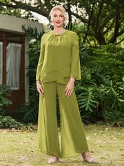 Jewel Neck Long Sleeve Chiffon Top and Pants Set Clover
