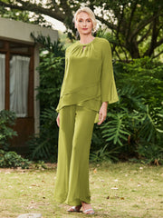Jewel Neck Long Sleeve Chiffon Top and Pants Set Clover
