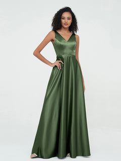 A-line V-neck Max Satin Dresses with Pockets-Olive Green