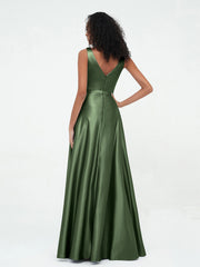 A-line V-neck Max Satin Dresses with Pockets-Olive Green Plus Size