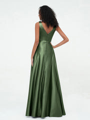 A-line V-neck Max Satin Dresses with Pockets-Olive Green