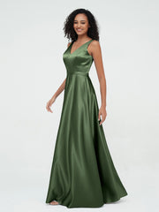 A-line V-neck Max Satin Dresses with Pockets-Olive Green