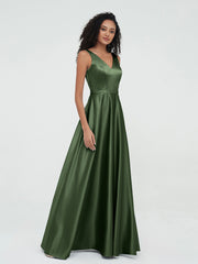 A-line V-neck Max Satin Dresses with Pockets-Olive Green