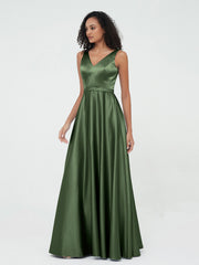 A-line V-neck Max Satin Dresses with Pockets-Olive Green Plus Size