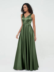 A-line V-neck Max Satin Dresses with Pockets-Olive Green