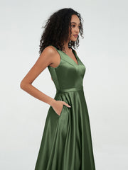A-line V-neck Max Satin Dresses with Pockets-Olive Green
