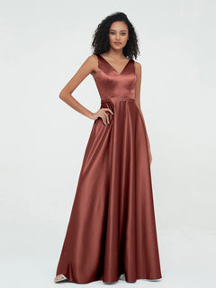 A-line V-neck Max Satin Dresses with Pockets-Terracotta