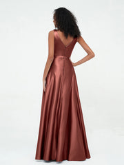 A-line V-neck Max Satin Dresses with Pockets-Terracotta Plus Size