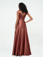 A-line V-neck Max Satin Dresses with Pockets-Terracotta