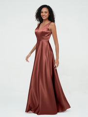 A-line V-neck Max Satin Dresses with Pockets-Terracotta Plus Size