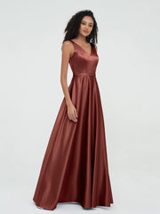 A-line V-neck Max Satin Dresses with Pockets-Terracotta