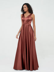 A-line V-neck Max Satin Dresses with Pockets-Terracotta Plus Size