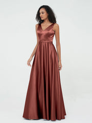 A-line V-neck Max Satin Dresses with Pockets-Terracotta