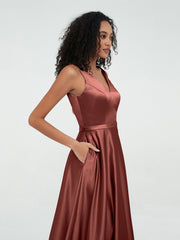 A-line V-neck Max Satin Dresses with Pockets-Terracotta
